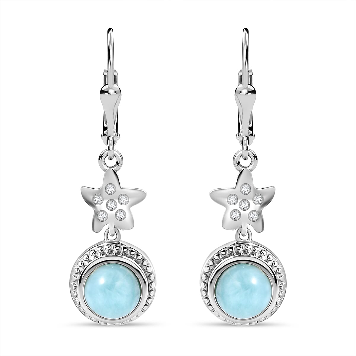 Natural Teal Green Larimar &amp; White Zircon Solitaire Earrings with Lever Back in Rhodium Overlay Sterling Silver 3.67 Ct. 7957344 0