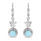 Natural Teal Green Larimar & White Zircon Solitaire Earrings with Lever Back in Rhodium Overlay Sterling Silver 3.67 Ct.
