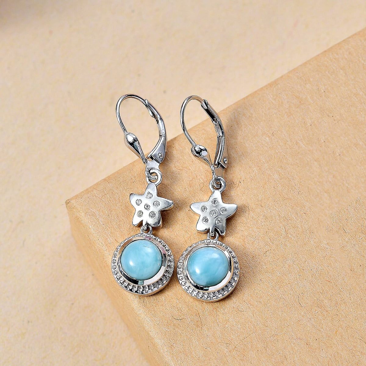Natural Teal Green Larimar &amp; White Zircon Solitaire Earrings with Lever Back in Rhodium Overlay Sterling Silver 3.67 Ct. 7957344 1