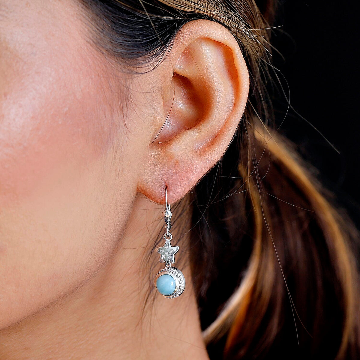 Natural Teal Green Larimar &amp; White Zircon Solitaire Earrings with Lever Back in Rhodium Overlay Sterling Silver 3.67 Ct. 7957344 2