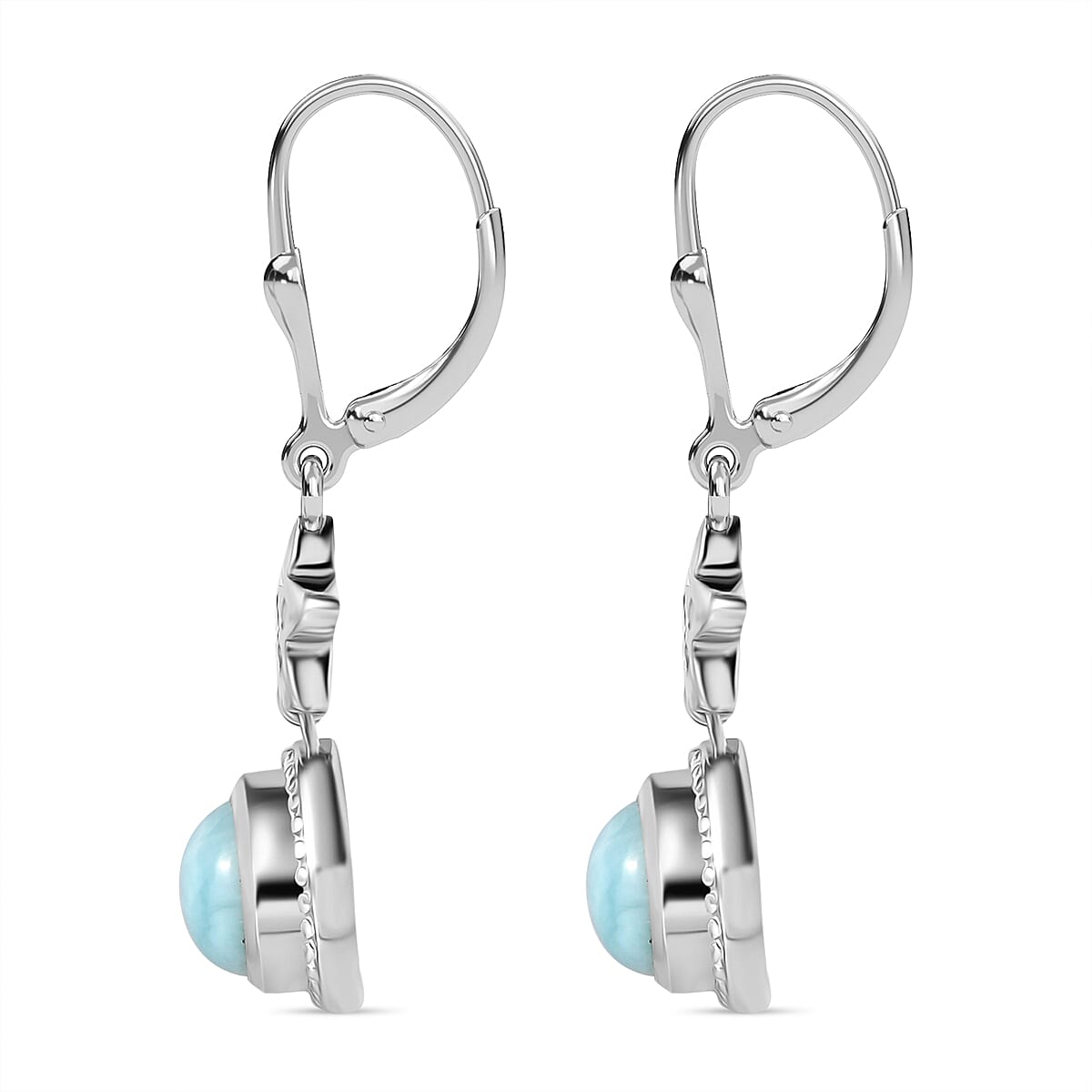 Natural Teal Green Larimar &amp; White Zircon Solitaire Earrings with Lever Back in Rhodium Overlay Sterling Silver 3.67 Ct. 7957344 4