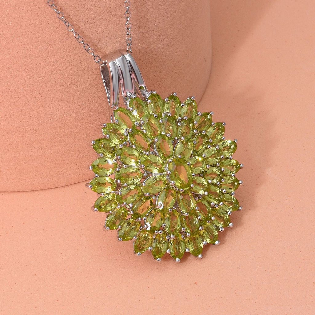 Natural Hebei Peridot Pendant with Chain (Size 18) in Rhodium Overlay Sterling Silver 12.47 Ct, Silver Wt. 9.40 Gms