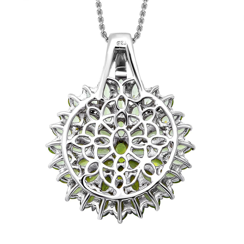 Natural Hebei Peridot Pendant with Chain (Size 18) in Rhodium Overlay Sterling Silver 12.47 Ct, Silver Wt. 9.40 Gms