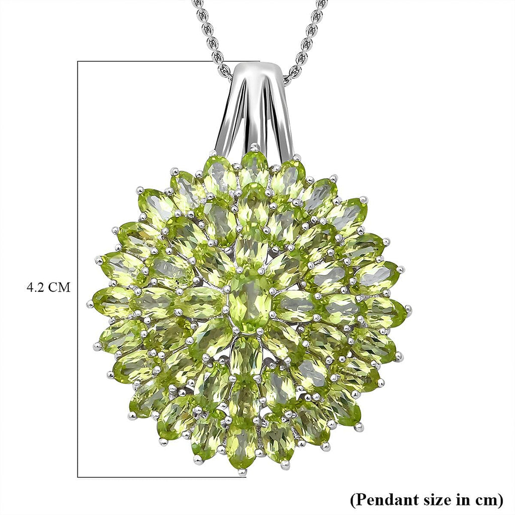 Natural Hebei Peridot Pendant with Chain (Size 18) in Rhodium Overlay Sterling Silver 12.47 Ct, Silver Wt. 9.40 Gms