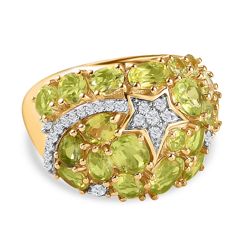 Natural Hebei Peridot and Natural Zircon Cluster Ring in 18K Vermeil Yellow Gold Plated Sterling Silver 4.28 Ct.