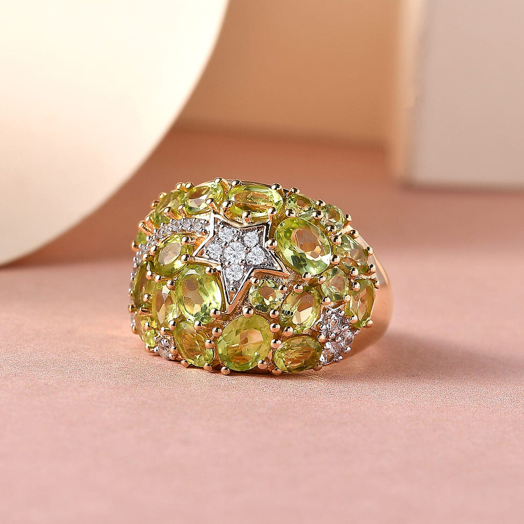 Natural Hebei Peridot and Natural Zircon Cluster Ring in 18K Vermeil Yellow Gold Plated Sterling Silver 4.28 Ct.