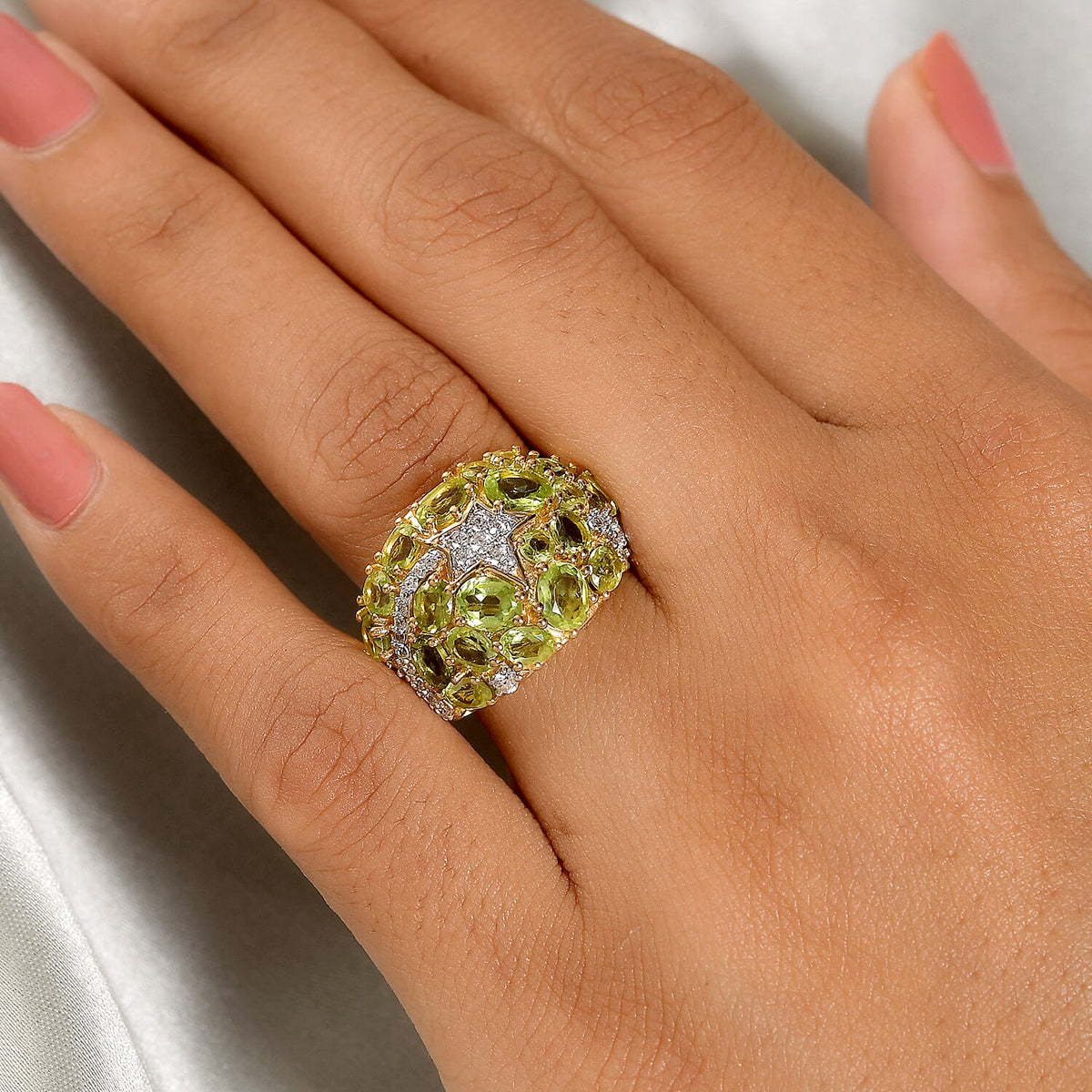 Natural Hebei Peridot and Natural Zircon Cluster Ring in 18K Vermeil Yellow Gold Plated Sterling Silver 4.28 Ct. 7189096 3