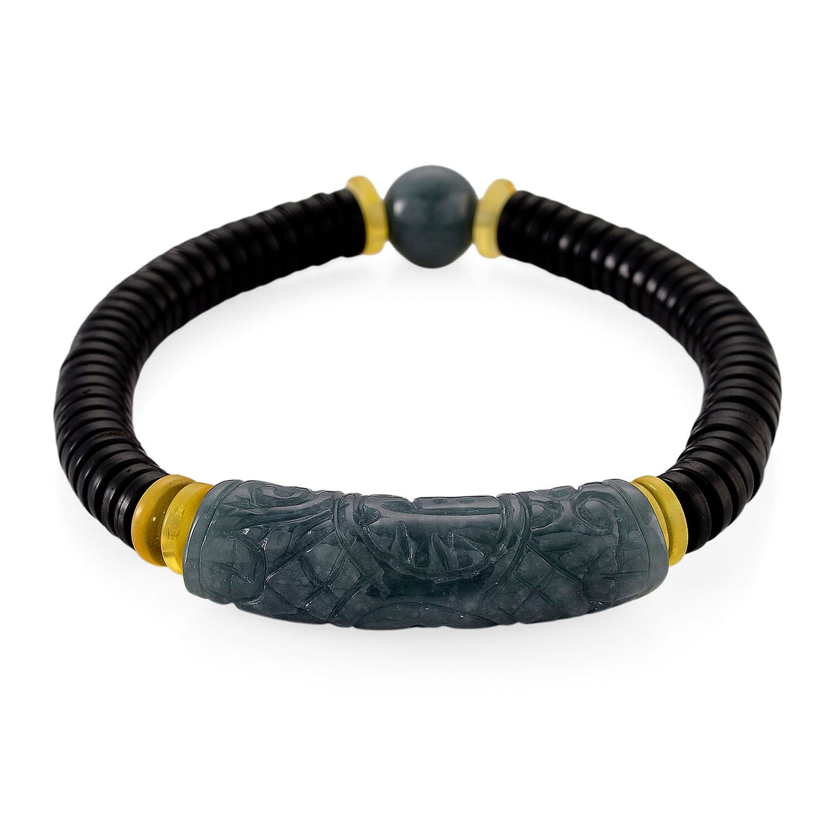 Natural Type A Jadeite Jade, Amber &amp; Coconut Shell Stone Bracelet 115.00 Ct. - Green V32614171 0