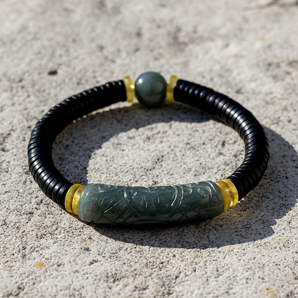 Natural Type A Jadeite Jade, Amber &amp; Coconut Shell Stone Bracelet 115.00 Ct. - Green V32614171 2