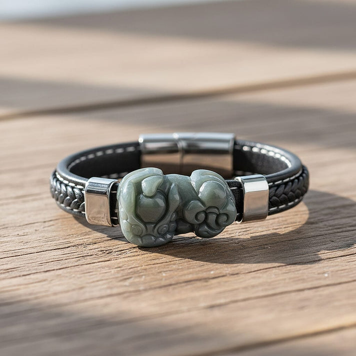 Natural Type A Jadeite with Pixiu Carving Leather Bracelet (Size 8) 125.00 Ct. 8313580 2
