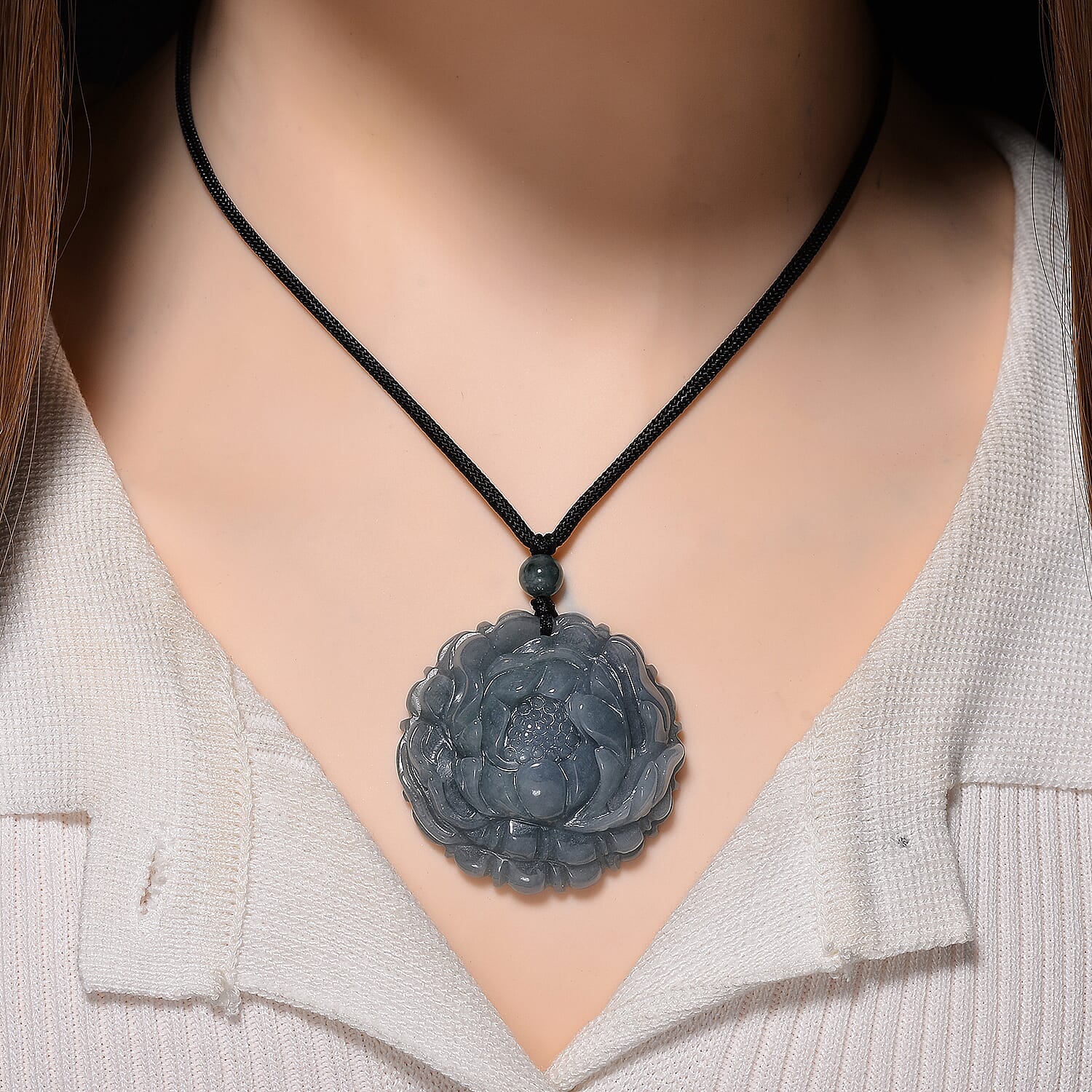 Natural Olmec Jade Flower Necklace (Size - 28) with Adjustable Cotton Thread 150.00 Ct. 8311244 3