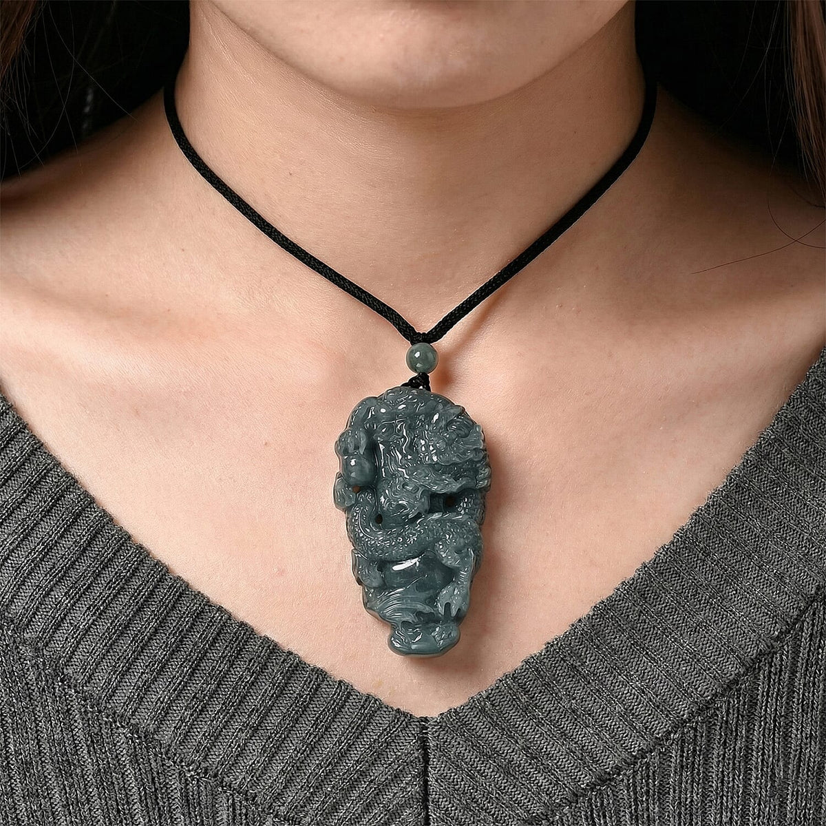 Natural Jade Dragon Necklace with Cotton Thread (Size - 28 Adjustable) 135.00 Ct. V32516204 3