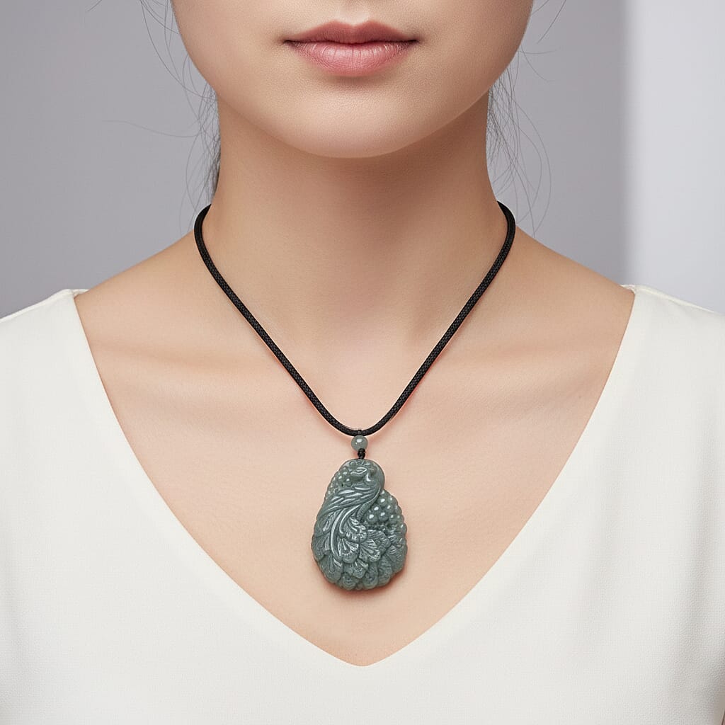 Natural Jade Peacock Necklace (Size - 30 Adjustable) with Cotton Thread 155.00 Ct. 8378342 3