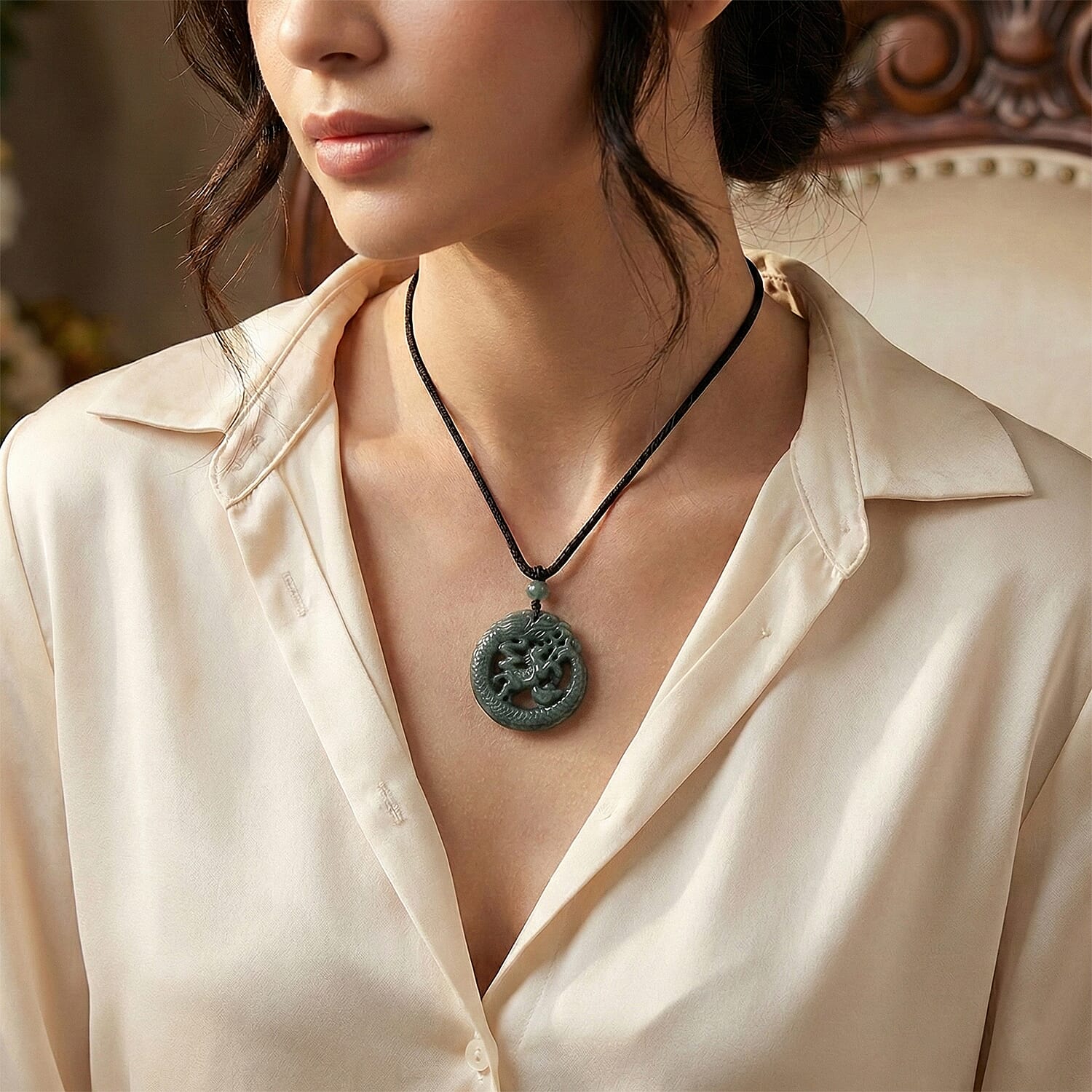 Natural Jadeite Jade Dragon Necklace with Adjustable Cotton Thread (Size - 28) 8431855 2