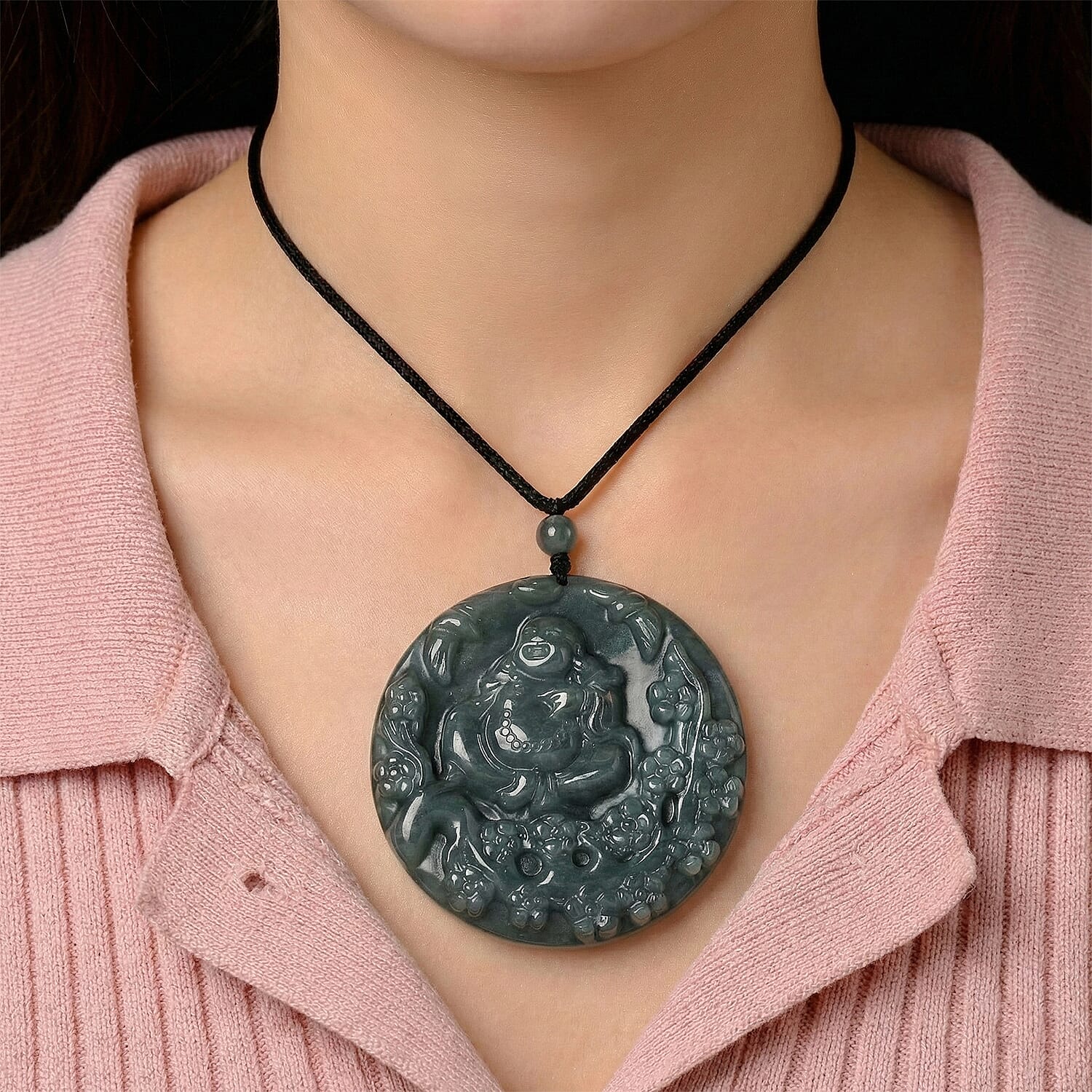 Natural Olmec Jadeite Jade Buddha Necklace (Size -28 ) with Adjustable Cotton Thread 8431568 2