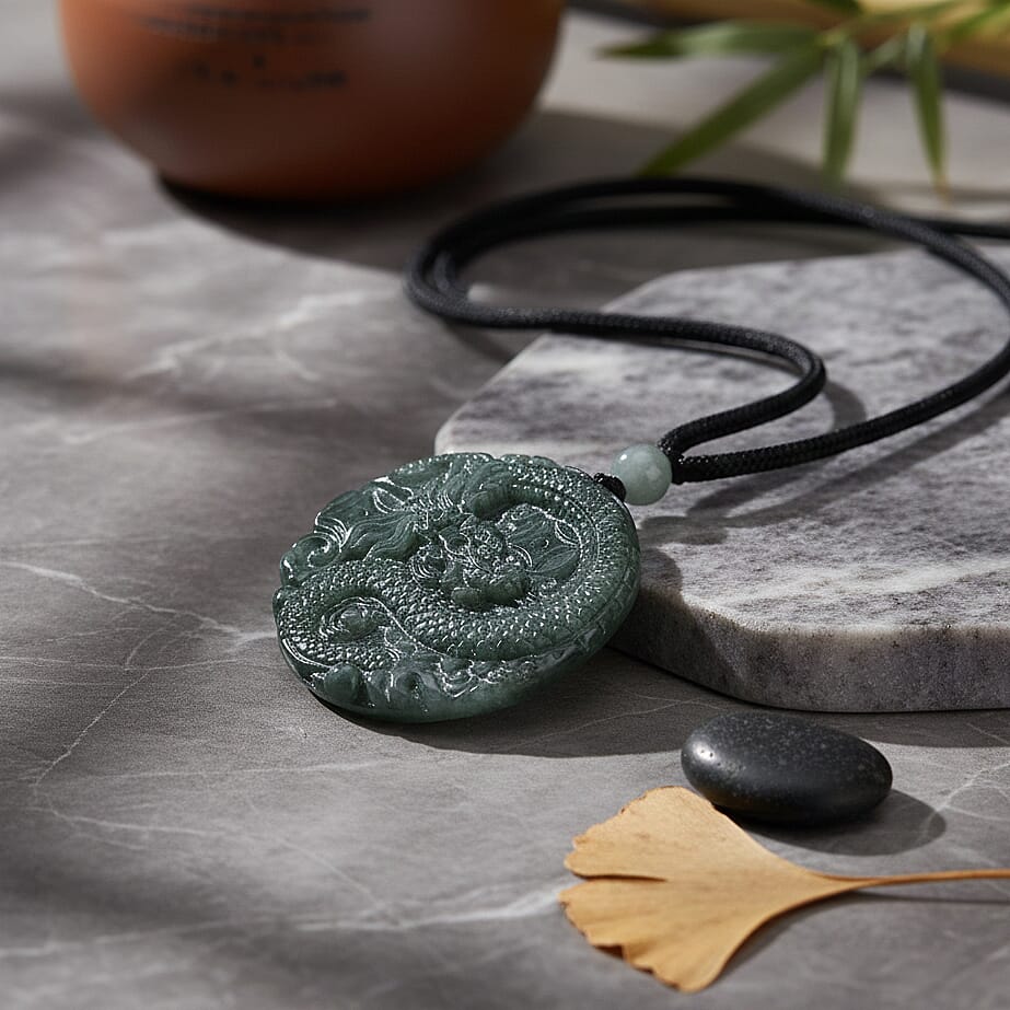Natural Jade Dragon Carved Money Coin Necklace with Cotton Thread (Size - 28 Adjustable) 85.00 Ct.