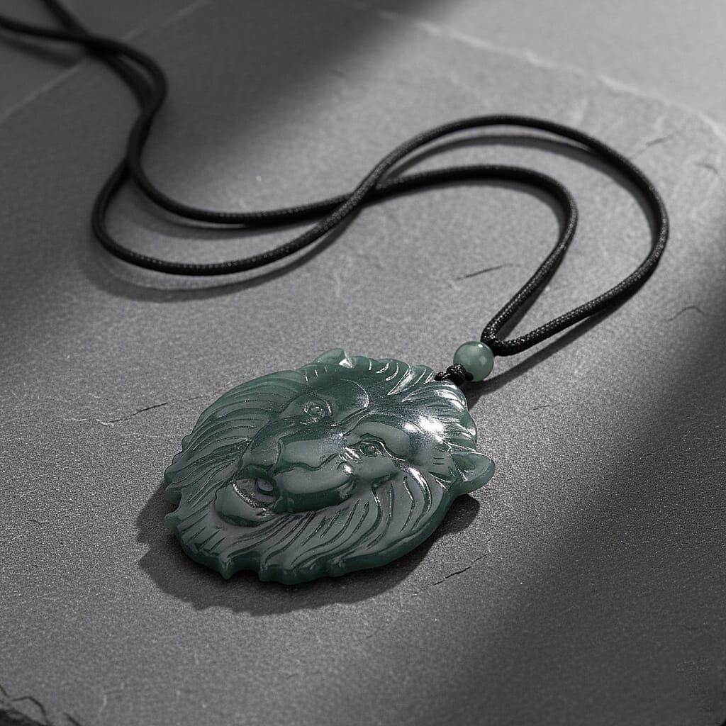 Natural Jade Lion Head Carved Necklace with Cotton Thread (Size - 28 Adjustable) 95.00 Ct. V32520087 2