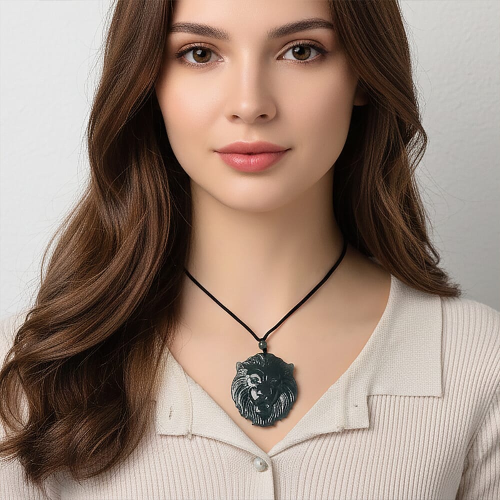 Natural Jade Lion Head Carved Necklace with Cotton Thread (Size - 28 Adjustable) 95.00 Ct. V32520087 3