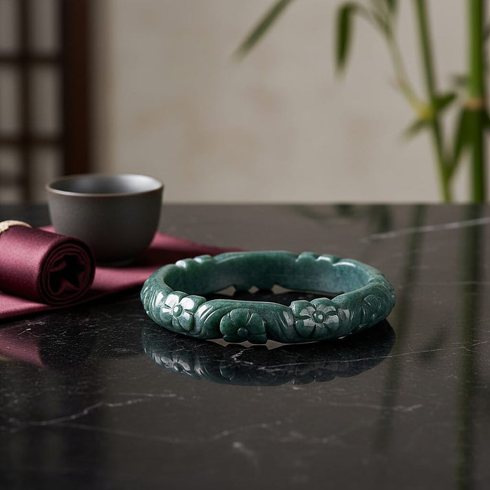 Natural Type A Jadeite Jade Flower Carving Bangle (Size 7.5) 200.00 Ct. 8360184 2
