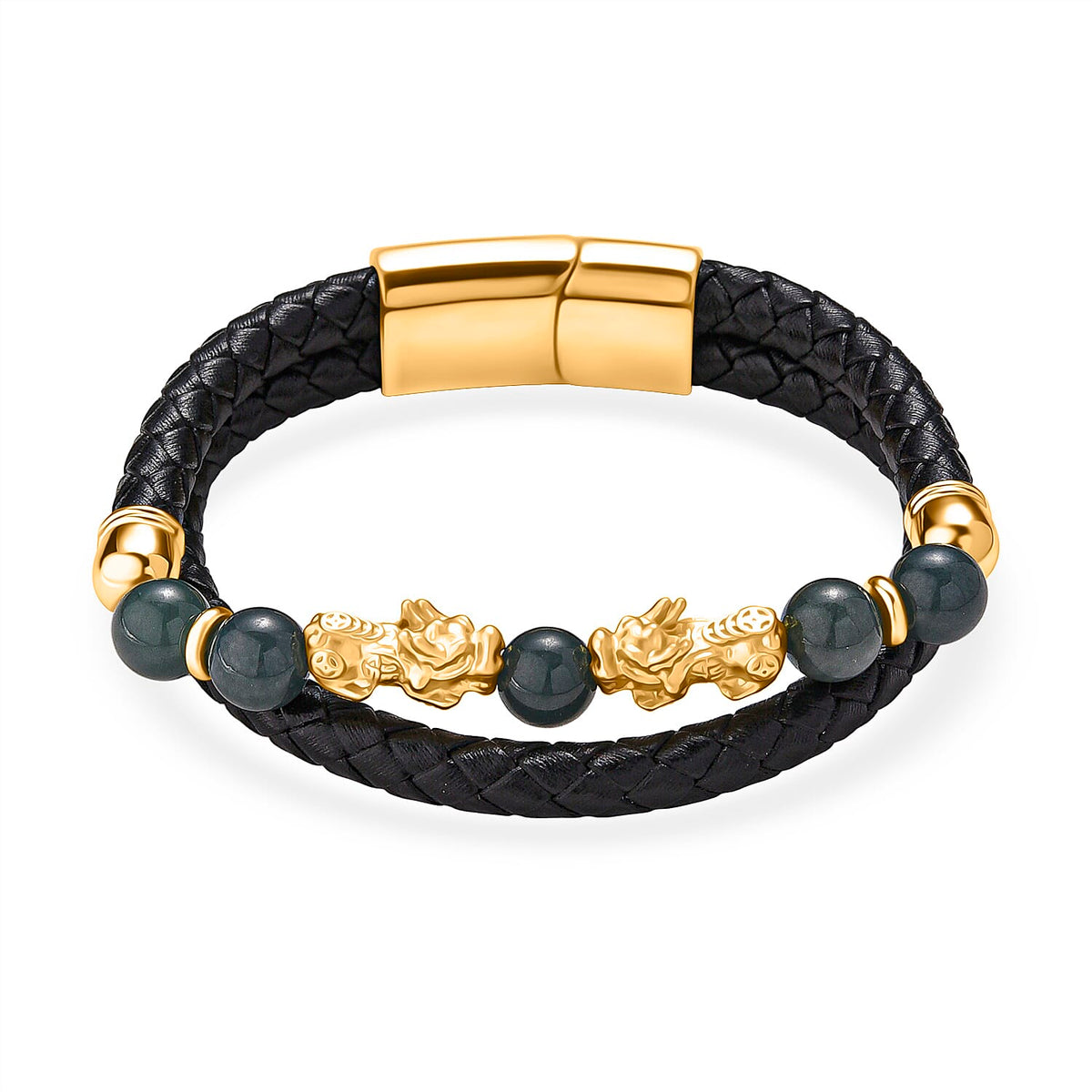 Natural Jadeite Jade Beads &amp; Pixiu Charms Genuine Leather Bracelet (Size 8) in Yellow Gold Plated 50.00 Ct. V32606943 0