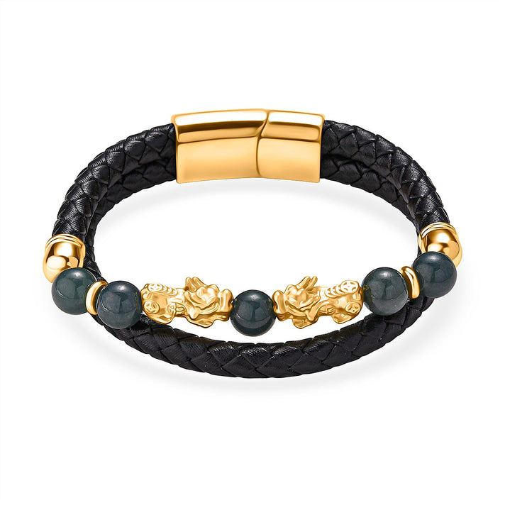 Natural Jadeite Jade Beads &amp; Pixiu Charms Genuine Leather Bracelet (Size 8) in Yellow Gold Plated 50.00 Ct. V32638091 1
