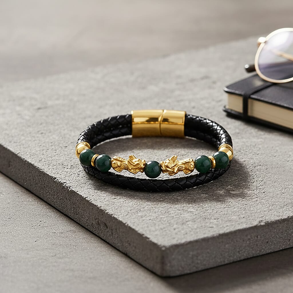 Natural Jadeite Jade Beads &amp; Pixiu Charms Genuine Leather Bracelet (Size 8) in Yellow Gold Plated 50.00 Ct. V32606943 2