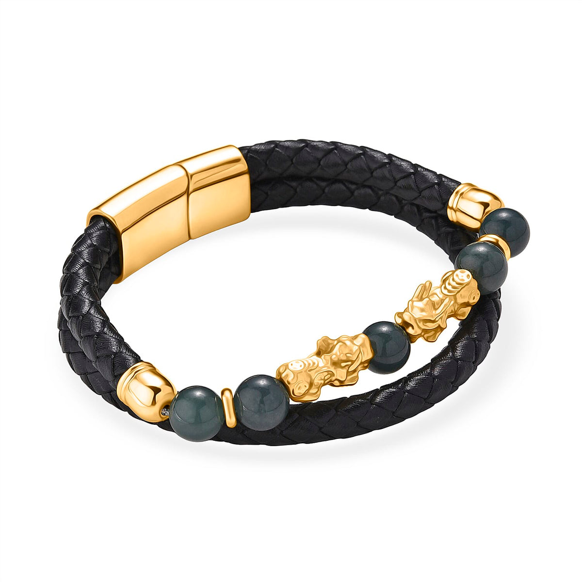Natural Jadeite Jade Beads &amp; Pixiu Charms Genuine Leather Bracelet (Size 8) in Yellow Gold Plated 50.00 Ct. V32606943 4