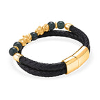 Natural Jadeite Jade Beads & Pixiu Charms  Genuine Leather Bracelet (Size 8) in Yellow Gold Plated 50.00 Ct.