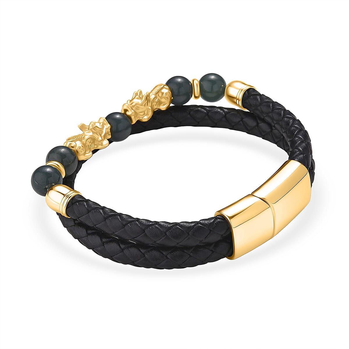Natural Jadeite Jade Beads &amp; Pixiu Charms Genuine Leather Bracelet (Size 8) in Yellow Gold Plated 50.00 Ct. V32606943 5