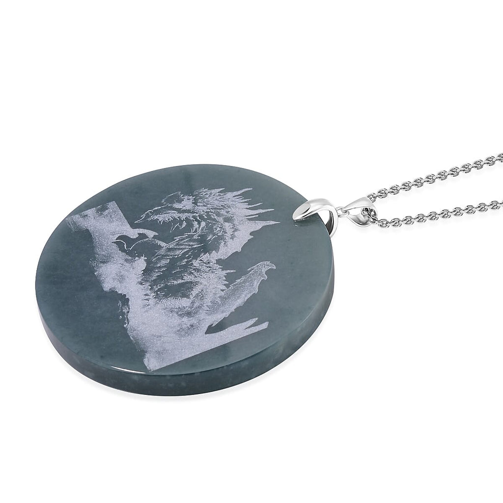 Natural Type A Jadeite Dragon Pendant with Chain (Size 20) in Rhodium Overlay Sterling Silver 185.00 Ct