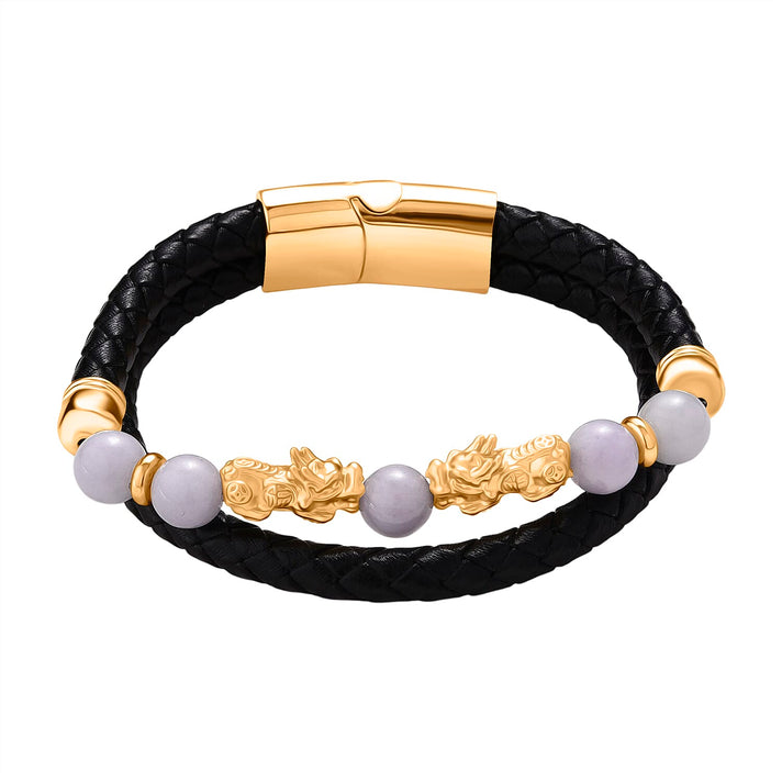 Natural White Jade Beads &amp; Pixiu Charms Genuine Leather Bracelet (Size 7.5) in Yellow Gold Plated 50.00 Ct. 8329743 1