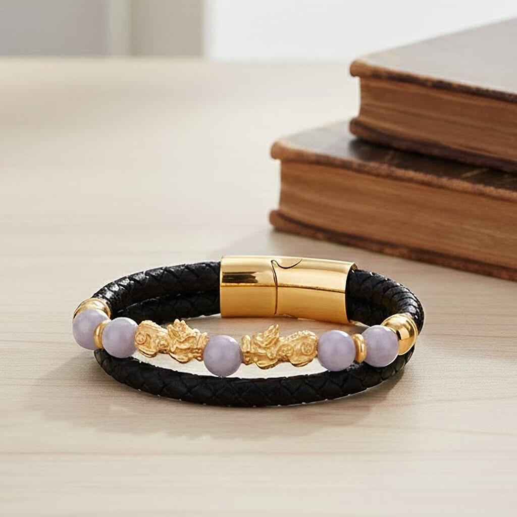 Natural White Jade Beads &amp; Pixiu Charms Genuine Leather Bracelet (Size 7.5) in Yellow Gold Plated 50.00 Ct. 8329743 2