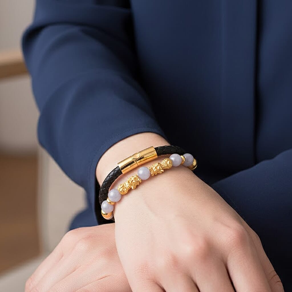 Natural White Jade Beads & Pixiu Charms Genuine Leather Bracelet (Size 7.5) in Yellow Gold Plated 50.00 Ct.