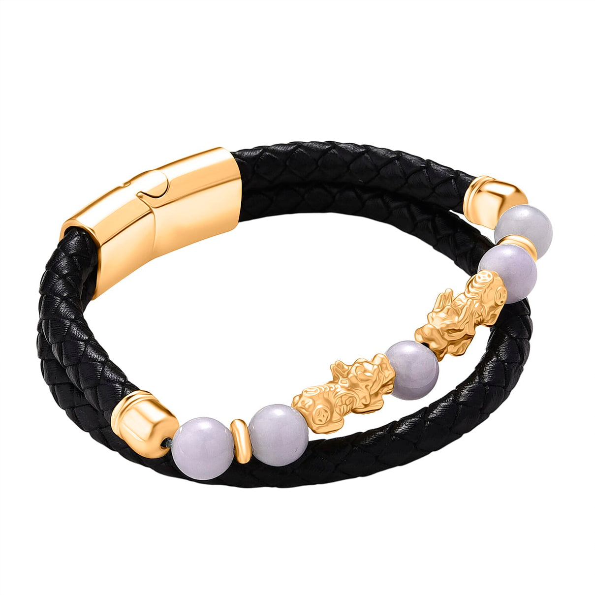 Natural White Jade Beads &amp; Pixiu Charms Genuine Leather Bracelet (Size 7.5) in Yellow Gold Plated 50.00 Ct. 8329743 4