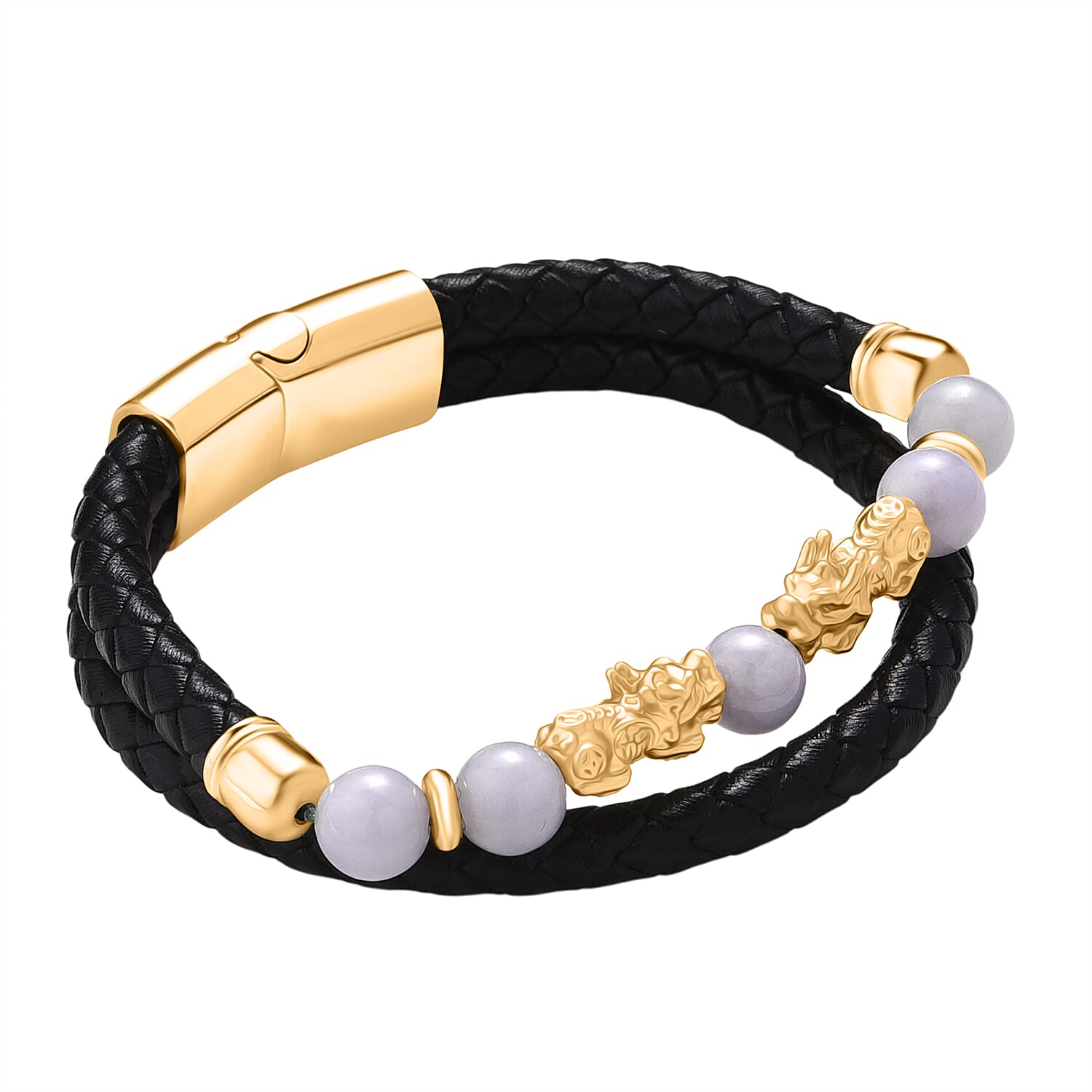 Natural White Jade Beads &amp; Pixiu Charms Genuine Leather Bracelet (Size 7.5) in Yellow Gold Plated 50.00 Ct. 8329743 4
