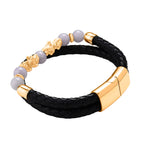Natural White Jade Beads & Pixiu Charms Genuine Leather Bracelet (Size 7.5) in Yellow Gold Plated 50.00 Ct.