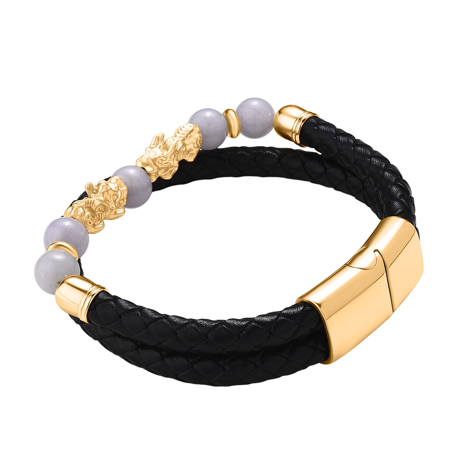 Natural White Jade Beads &amp; Pixiu Charms Genuine Leather Bracelet (Size 7.5) in Yellow Gold Plated 50.00 Ct. 8329743 5
