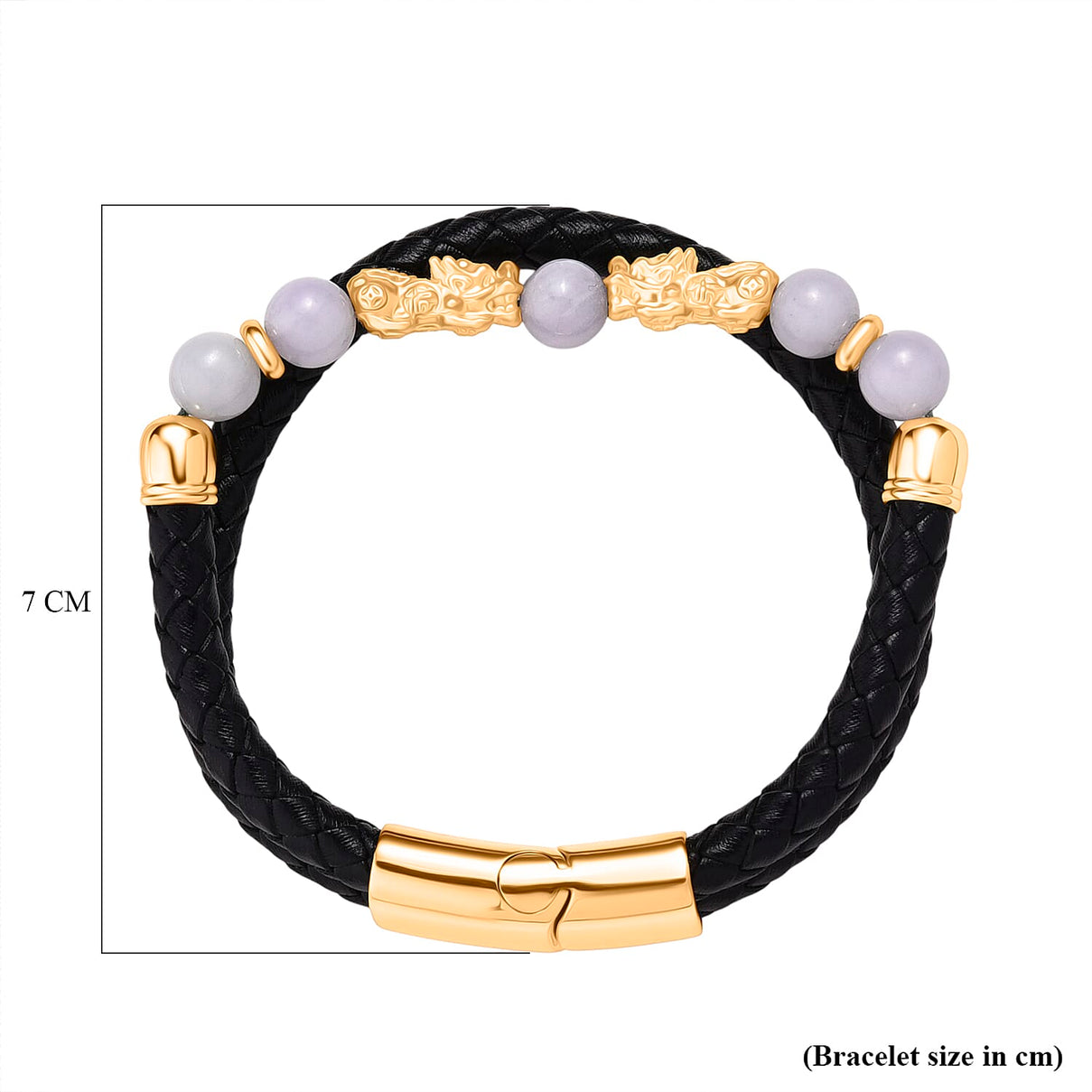 Natural White Jade Beads &amp; Pixiu Charms Genuine Leather Bracelet (Size 7.5) in Yellow Gold Plated 50.00 Ct. 8329743 6