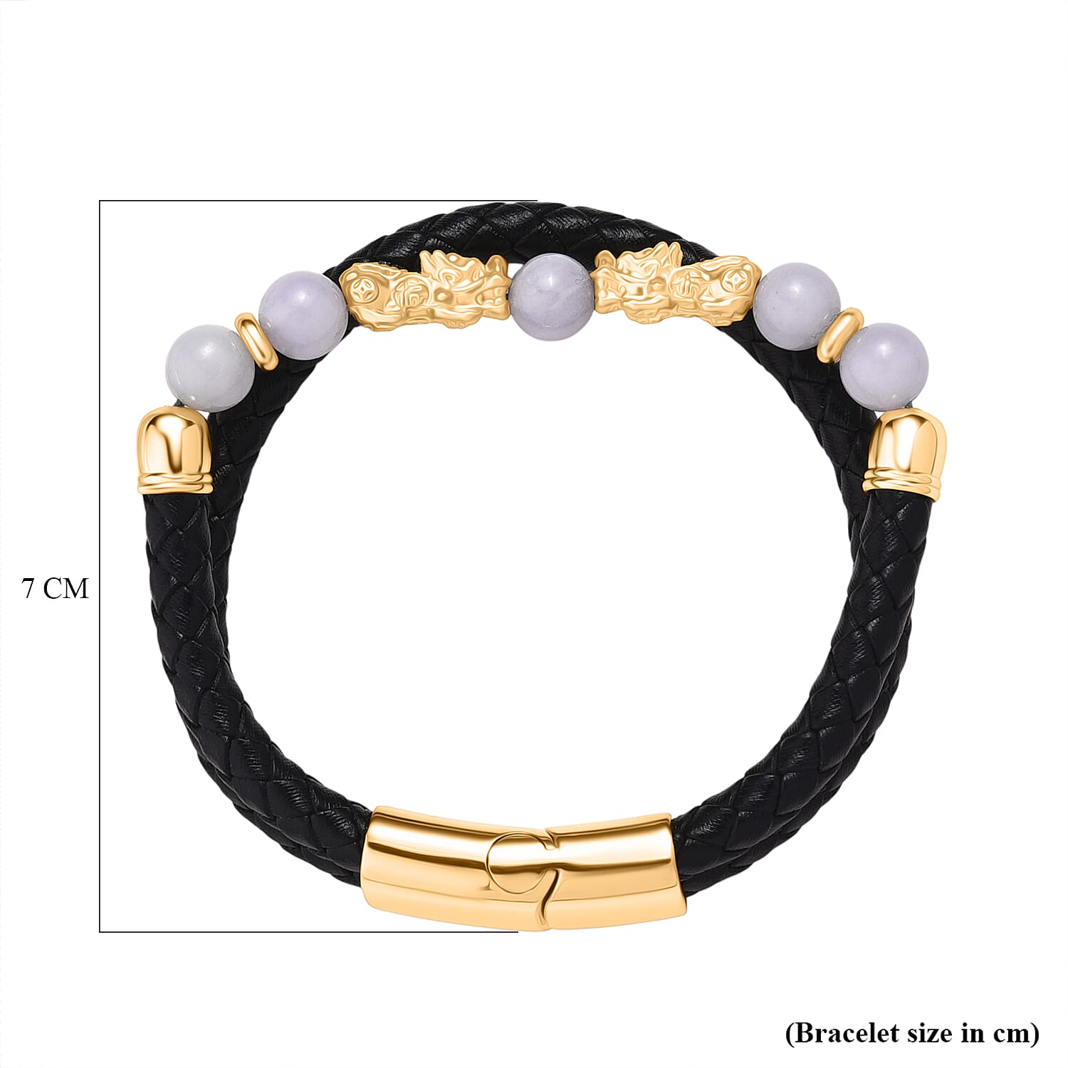 Natural White Jade Beads &amp; Pixiu Charms Genuine Leather Bracelet (Size 7.5) in Yellow Gold Plated 50.00 Ct. 8329743 6