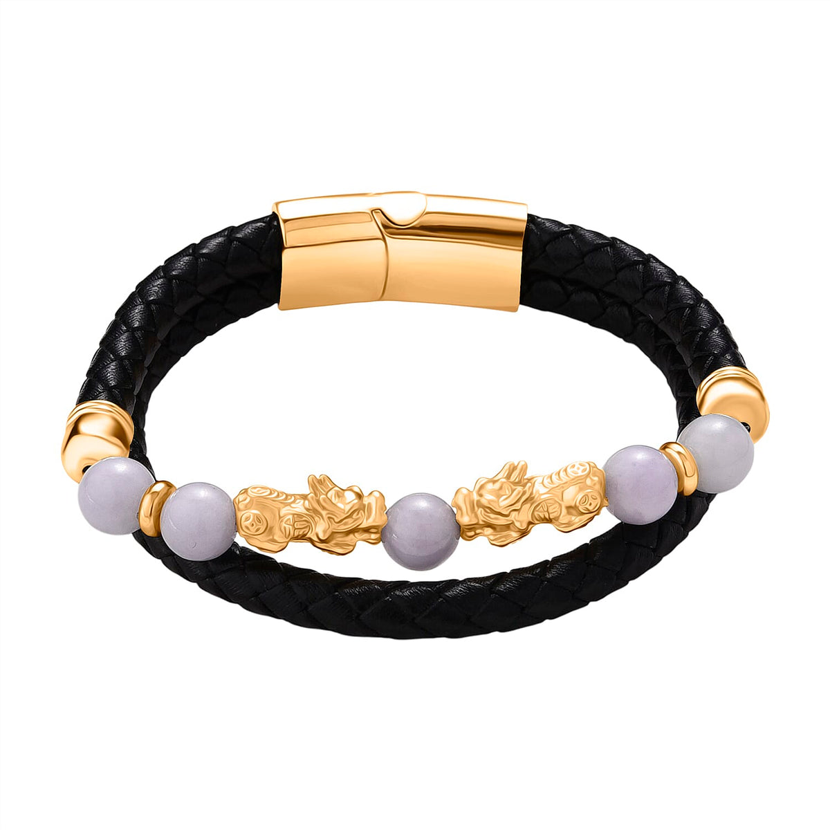Natural White Jade Beads &amp; Pixiu Charms Genuine Leather Bracelet (Size 8) in Yellow Gold Plated 50.00 Ct. V32606843 0