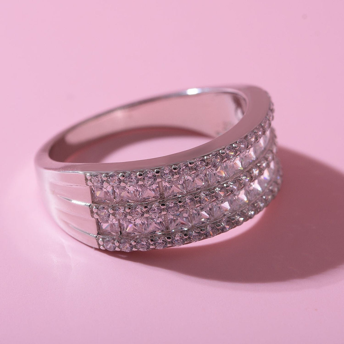 Cubic Zirconia 3 Row Half Eternity Ring in Rhodium Overlay Sterling Silver 7623974 1