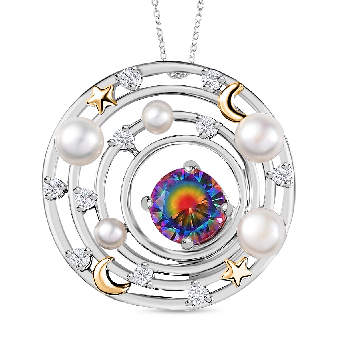 Nebula Quartz, Fresh Water Pearl &amp; White Zircon Pendant with Chain (Size 20) in 18K Vermeil Yellow Gold Plated &amp; Rhodium Overlay Sterling Silver 3.48 Ct. 4357816 0