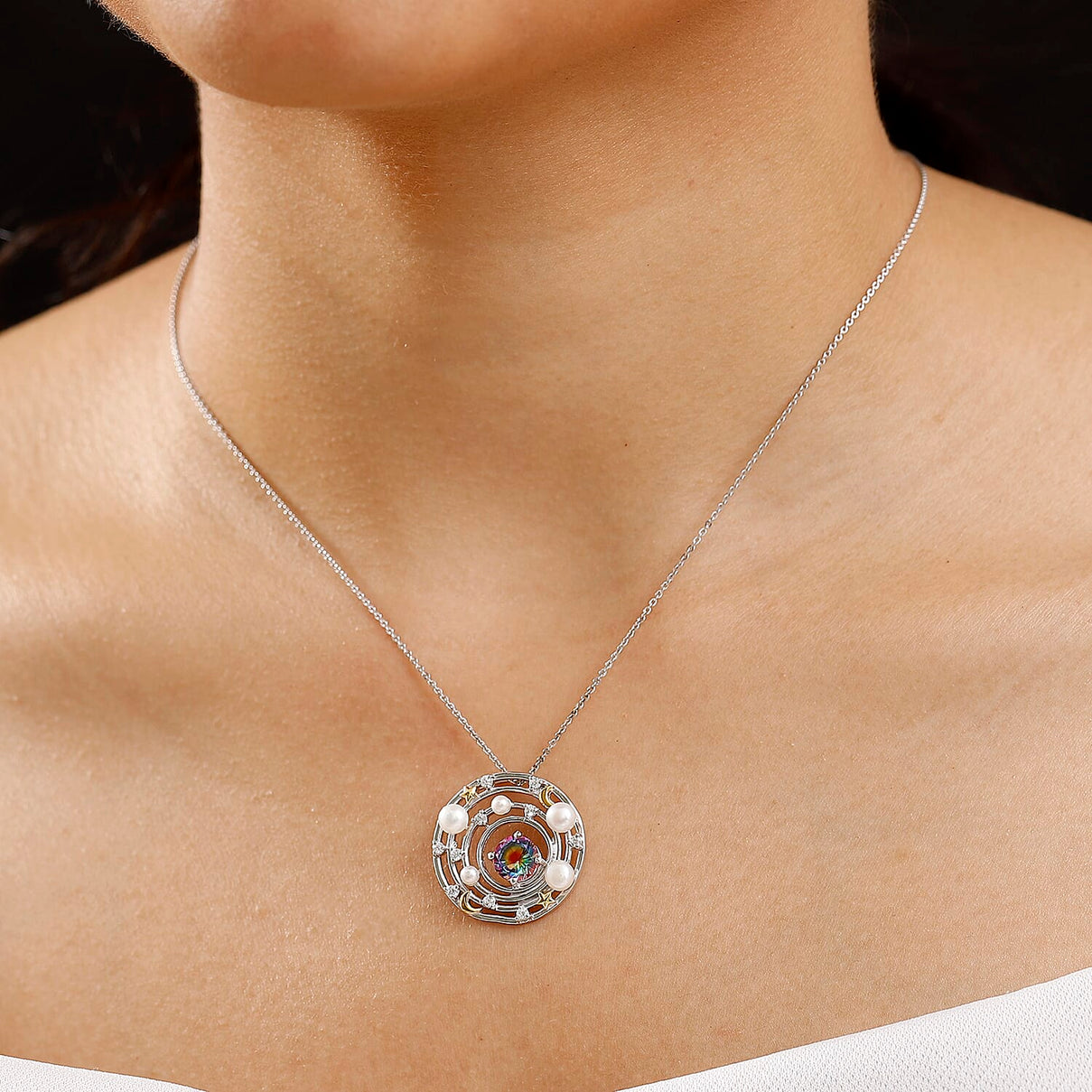 Nebula Quartz, Fresh Water Pearl &amp; White Zircon Pendant with Chain (Size 20) in 18K Vermeil Yellow Gold Plated &amp; Rhodium Overlay Sterling Silver 3.48 Ct. 4357816 2