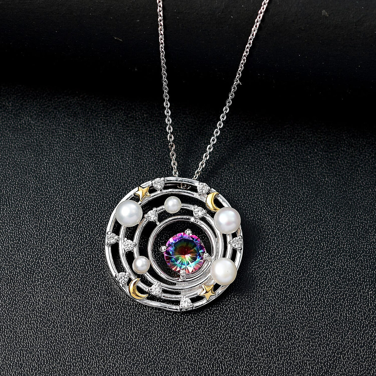 Nebula Quartz, Fresh Water Pearl &amp; White Zircon Pendant with Chain (Size 20) in 18K Vermeil Yellow Gold Plated &amp; Rhodium Overlay Sterling Silver 3.48 Ct. 4357816 3