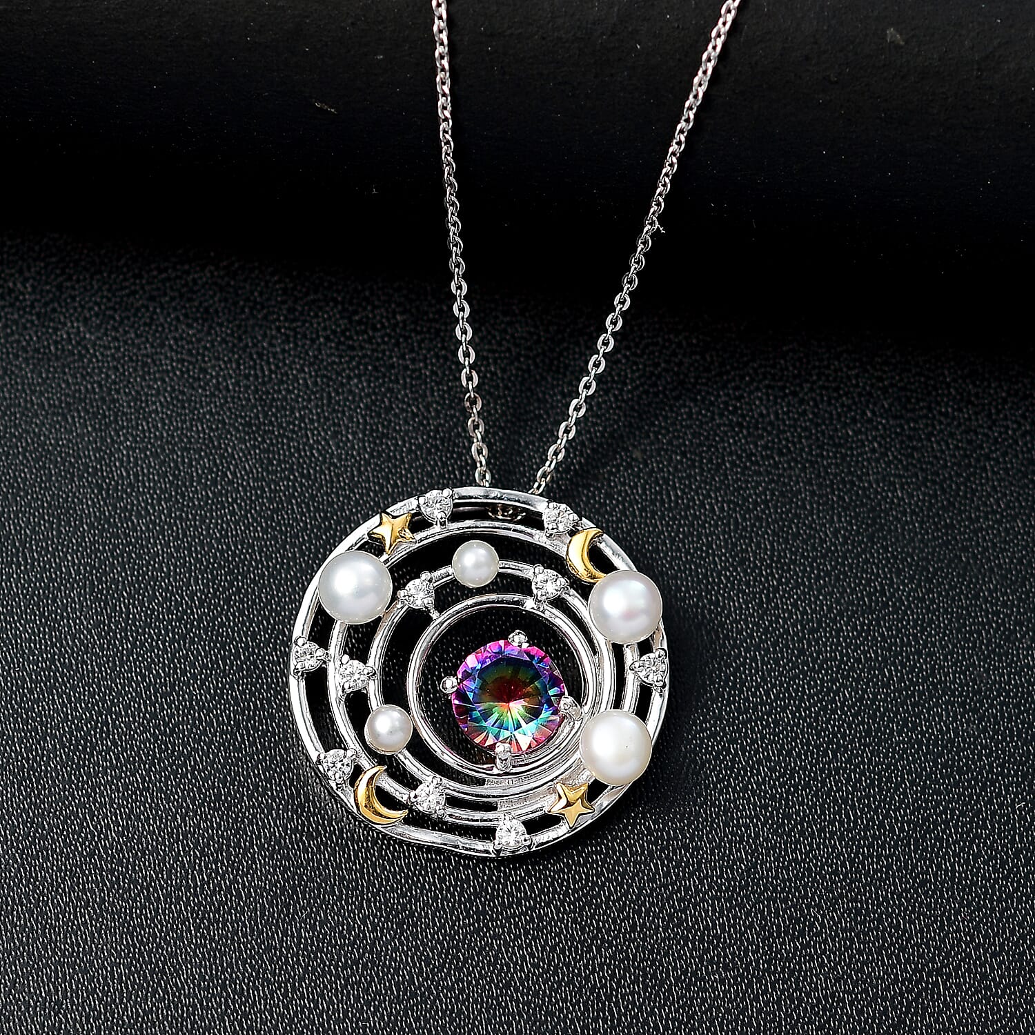 Nebula Quartz, Fresh Water Pearl &amp; White Zircon Pendant with Chain (Size 20) in 18K Vermeil Yellow Gold Plated &amp; Rhodium Overlay Sterling Silver 3.48 Ct. 4357816 3