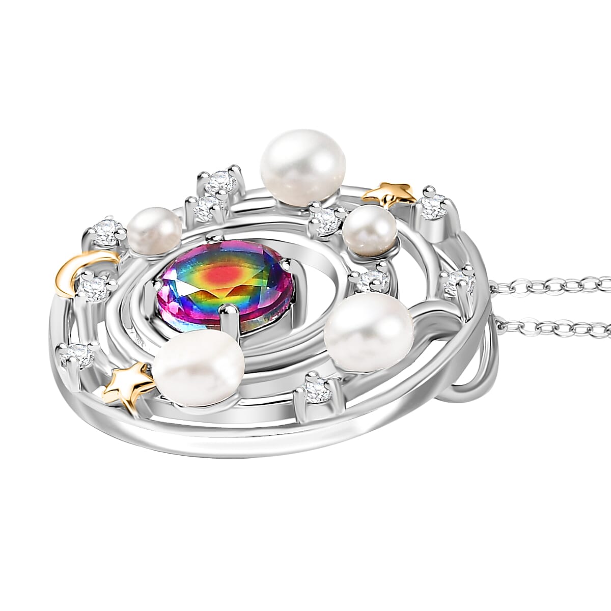 Nebula Quartz, Fresh Water Pearl &amp; White Zircon Pendant with Chain (Size 20) in 18K Vermeil Yellow Gold Plated &amp; Rhodium Overlay Sterling Silver 3.48 Ct. 4357816 4