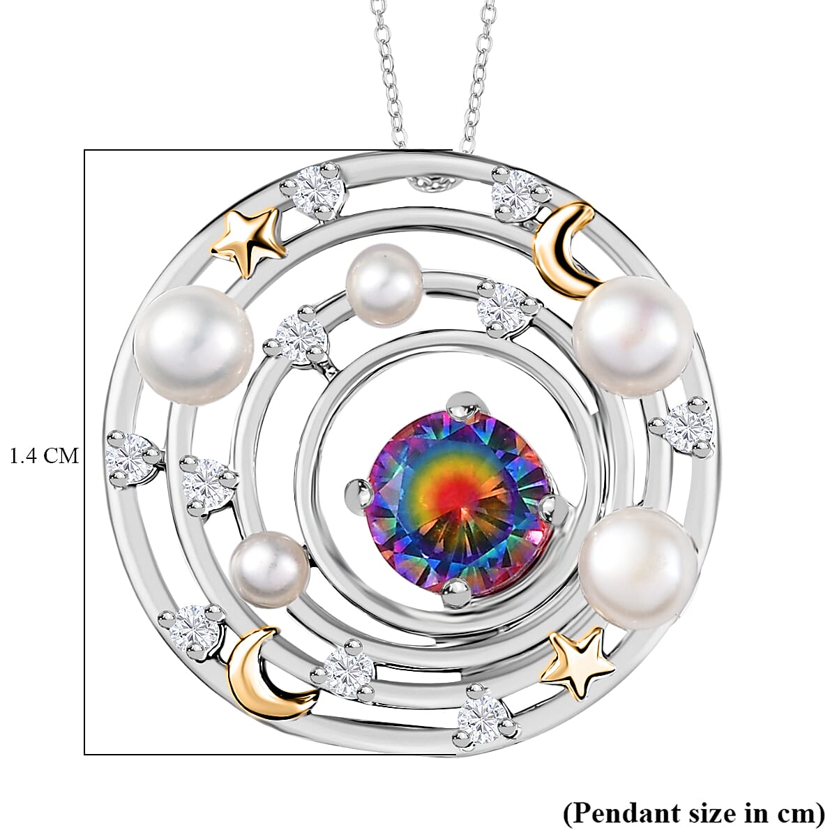 Nebula Quartz, Fresh Water Pearl &amp; White Zircon Pendant with Chain (Size 20) in 18K Vermeil Yellow Gold Plated &amp; Rhodium Overlay Sterling Silver 3.48 Ct. 4357816 6