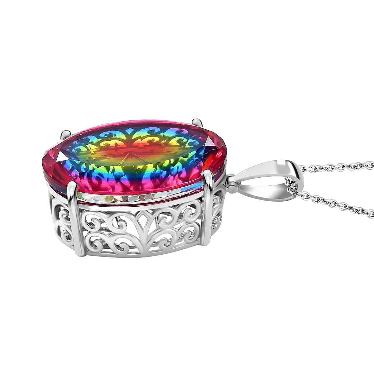 Nebula Quartz Doublet Solitaire Pendant with Chain (Size 20) in Rhodium Overlay Sterling Silver 50 Ct 4312690 3