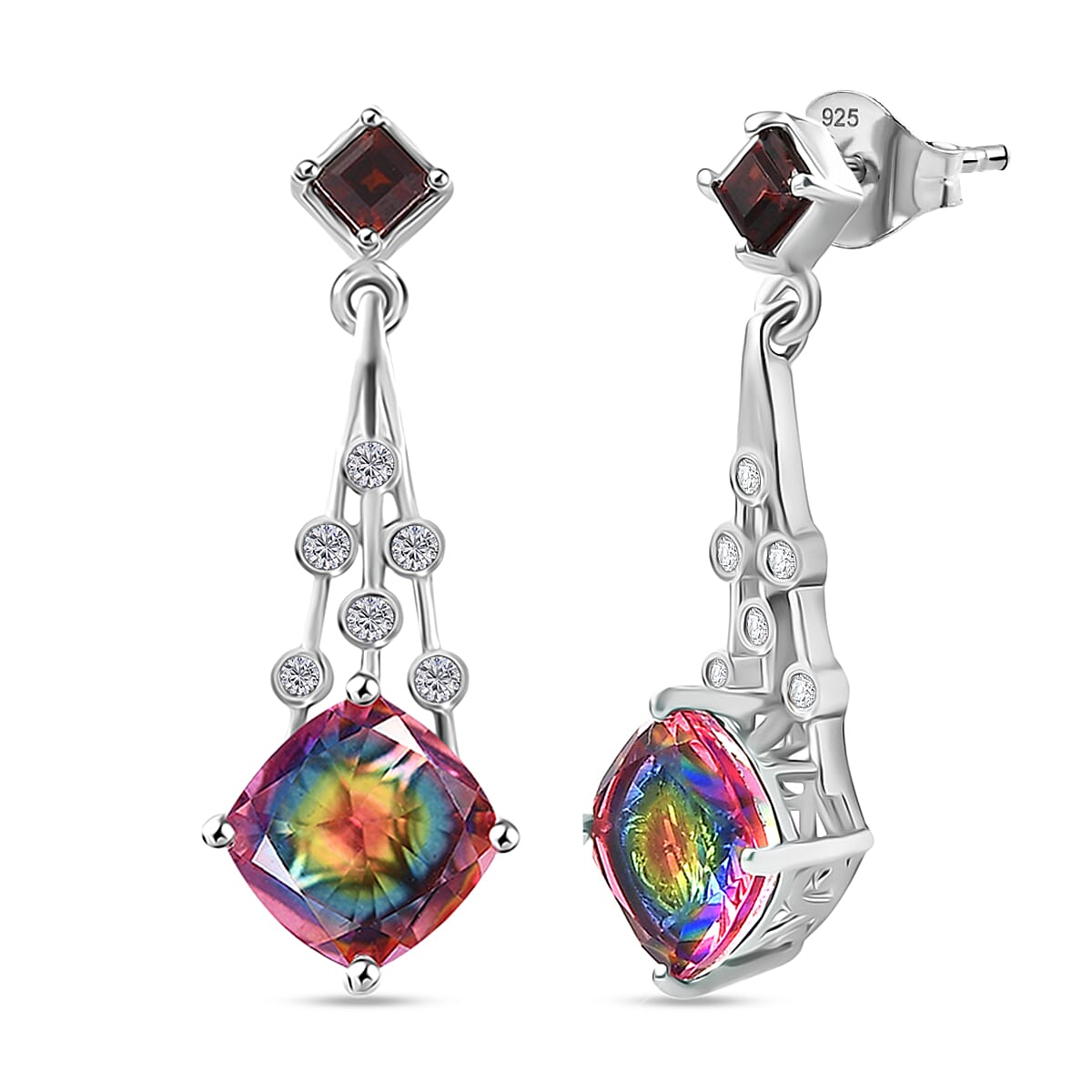 Galaxy Glow Nebula Quartz, Red Garnet &amp; White Zircon Push Back Earrings in Rhodium Overlay Sterling Silver 4.76 Ct. 8048204 0