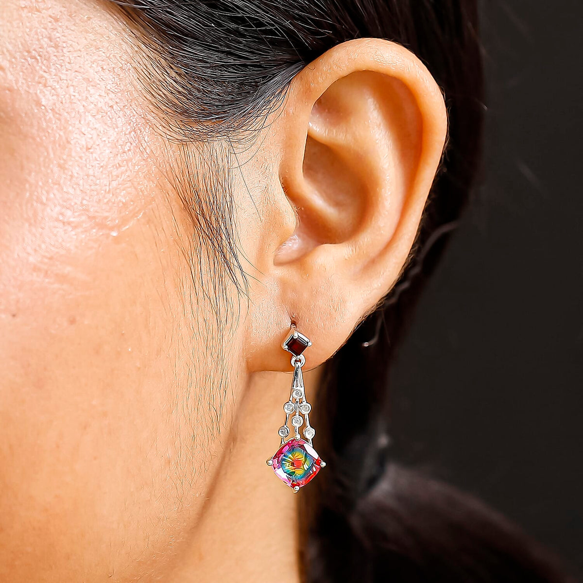 Galaxy Glow Nebula Quartz, Red Garnet &amp; White Zircon Push Back Earrings in Rhodium Overlay Sterling Silver 4.76 Ct. 8048204 3